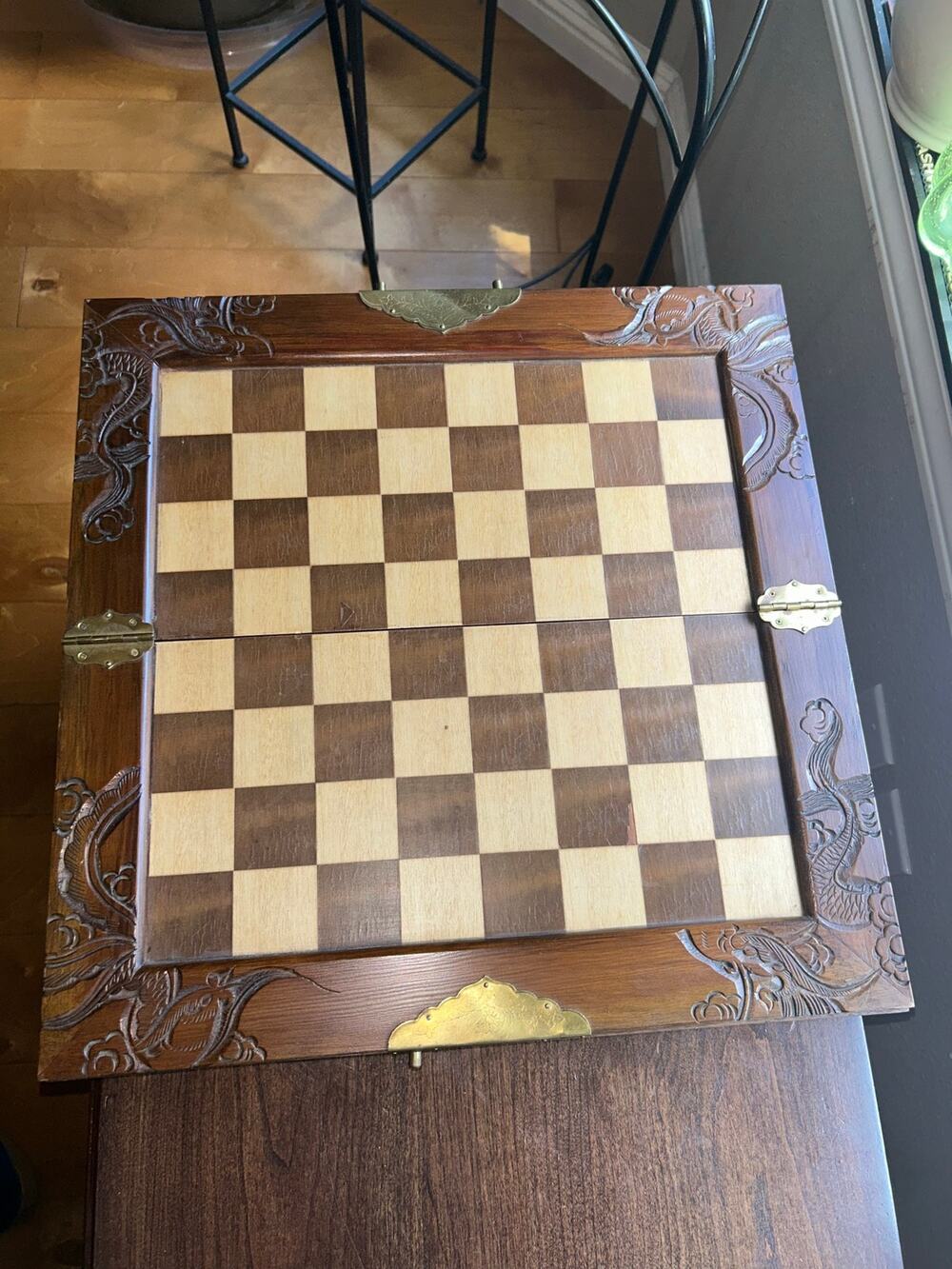 Vintage Large Carved Wooden Chess Set with drawer & pieces